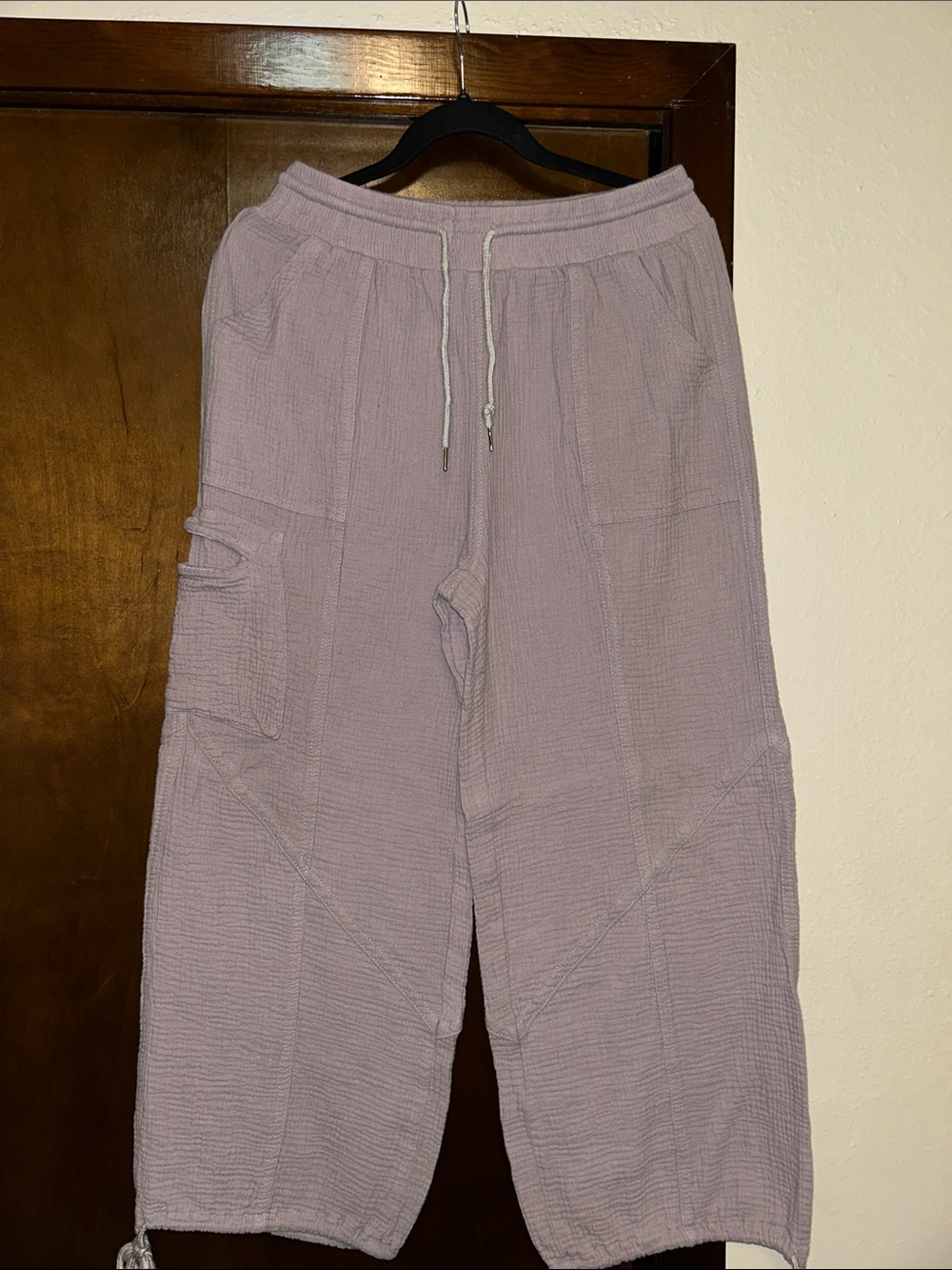 Tan Wide Leg Cotton/Linen Blend Wide Leg Drawstring Cargo Pants  Women’s Large
